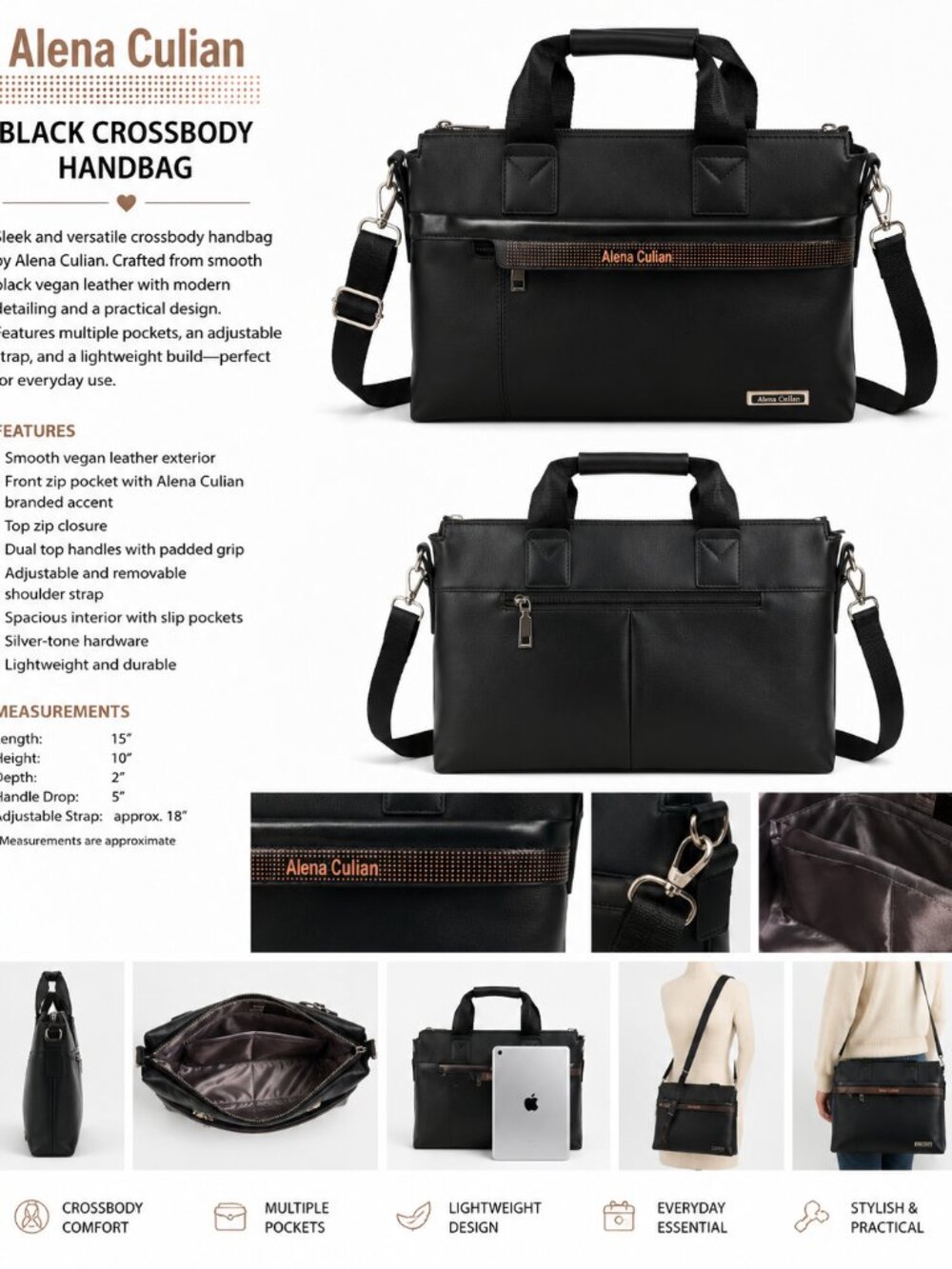 Alena Culian Black Crossbody Tote Bag Laptop Business Travel Purse